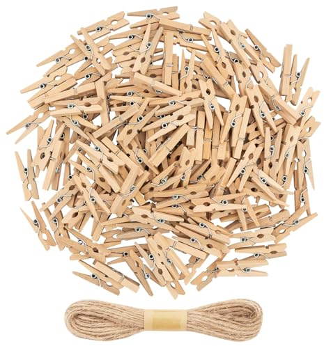 300 x Kleine Holzklammern, 30mm Mini Wäscheklammern mit 10M Jute Twine | Kleine Klammern aus Holz, Mini Holzwäscheklammern für DIY Fotohalter Kartenhalter Hochzeit