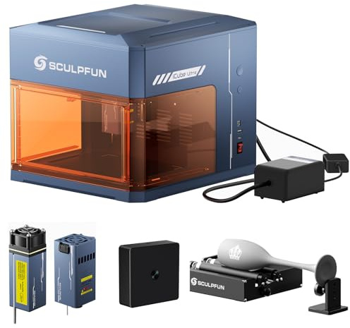 SCULPFUN iCube Ultra Dual 12W Laser Graviermaschine, 12W Diode & 1,2W Infrarot, Air assist, laser rotary roller, iCAM Kamera, Laser Cutter für Holz, Leder, Acryl, mit Auto-Fokus & Rauchfilter