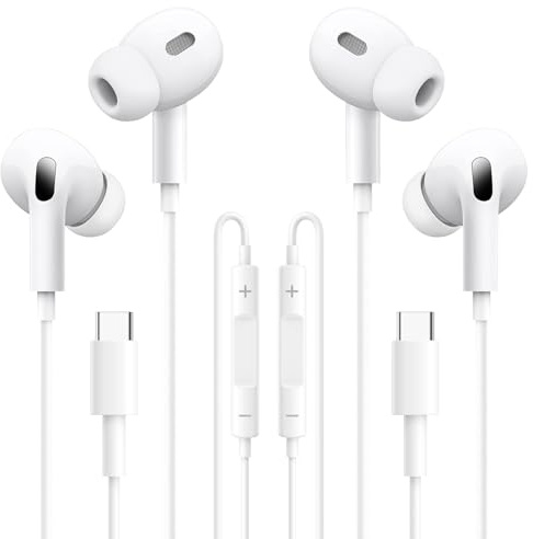 2 Pack USB C Headphones wired for Samsung S24 S23 S22 S21 Ultra, Earphones Wired with Mic & Volume Control Type C Earbuds for iPhone 17/16/15 Pro Max, iPad Pro, Pixel, OnePlus, HiFi Stereo Sound.