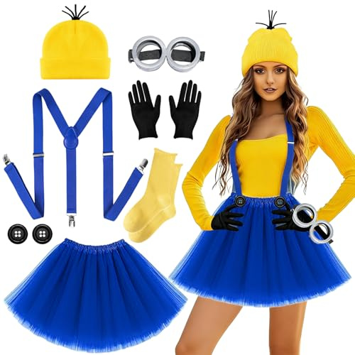 Accessori Halloween Costume Adulti Bambini, Accessori per costumi di Halloween con occhiali steampunk cappello giallo bretelle blu guanti calzini bottone, carnevale costume cosplay partito (Gonna)