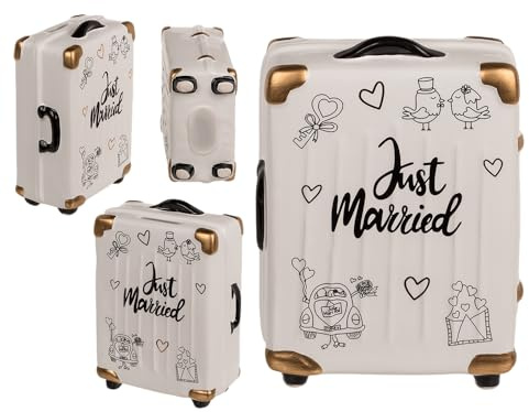 Palleon Hochzeits-Spardose Just Married | Keramik Geldgeschenk für Hochzeit, Verlobung & JGA | Witzige Spardose in Koffer-, Auto- oder Flugzeug-Design | Geschenkidee zur Hochzeit (Trolley)