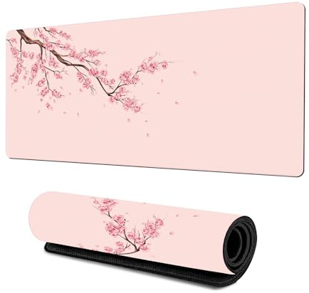 Tapis de Souris de Jeu, 800x300x3mm Grand Tapis de Bureau Grand Allongé Tapis de Souris Gaming Bords Cousus Imperméable Antidérapant pour Gamer, Ordinateur, PC (Fleur de cerisier-Rose, 800*300*3mm)