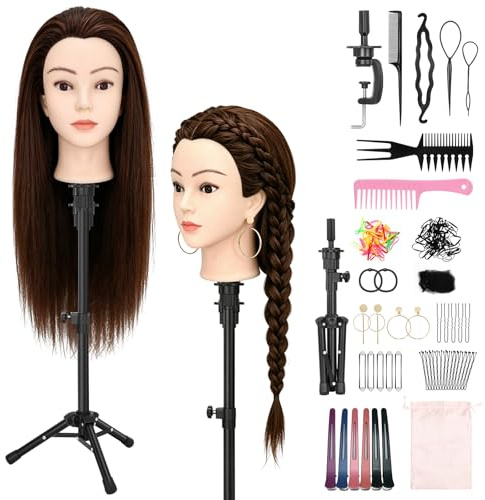 Yofuly 24 Hairdressing Training Head with Wig Stand Tripod, 80% Real Hair Mannequin Head with Pierced Ears, Doll Head for Hair Styling with Table Clamp + DIY Braid Set(Brown)