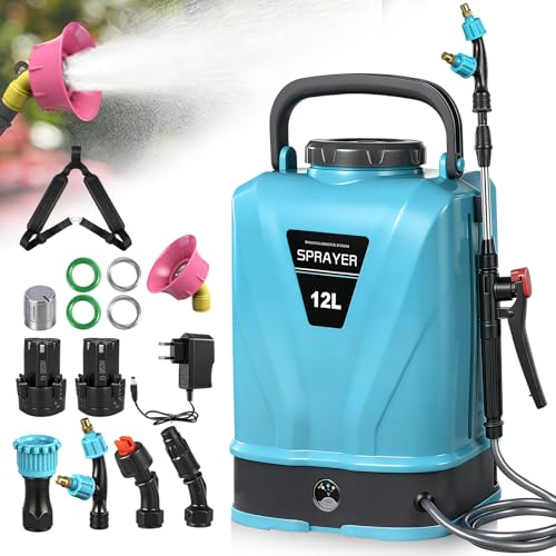 Akku Drucksprüher 12L,45PSI Elektrischer Pflanzensprüher Kompatibel mit Makita 12V Batterien,Rückenspritze Pflanzensprüher mit 4 Düsen,60cm Teleskopstab,2×2.0 Ah Akku,Ladegerät