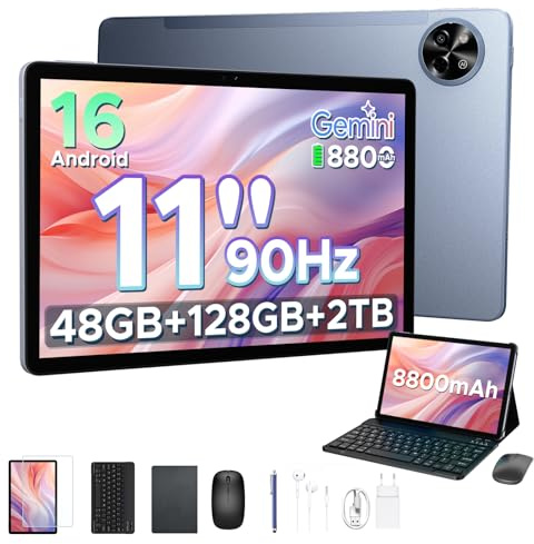 P11 Tablette Android 16, 48 Go+128Go/2To TF, T7250, 8800mAh, 90Hz, Gris | Tablette 11 Pouces avec Gemini AI, 5G WiFi, Face ID, Widevine L1, 13MP+5MP, Tablette avec Stylet & Clavier & Cas
