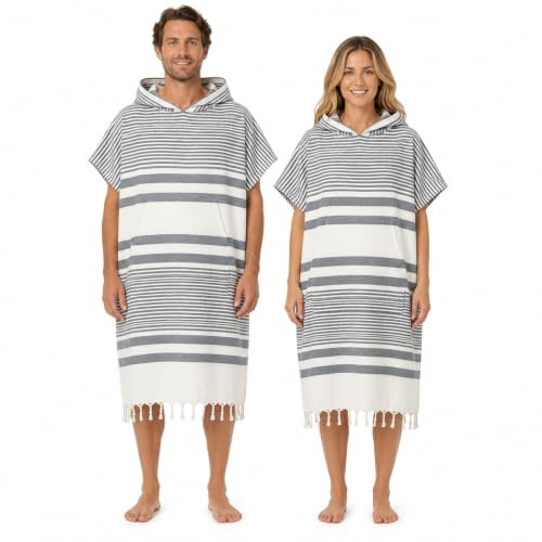 Weave Essentials Hamam Poncho Towel – Hooded Changing Robe with Pocket, 100% Cotton Turkish Style Fringed Beach Poncho, Quick Dry & Lightweight, 150x90cm