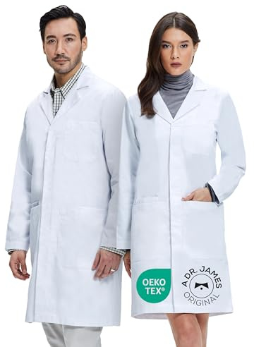 Dr. James Premium Laborkittel Damen & Herren 100% Baumwolle, Regular Fit Arztkittel mit verdeckten Druckknöpfen, Smartphone- & Mehrfach-Taschen, OEKO-TEX® Stoff, Labor, Klinik & Apotheke