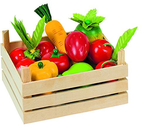 Goki 51658 Eine Kiste Gefüllt mit Obst und Gemüse für Einkaufen und Kochspiel, 10-Teiliges Set