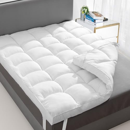 Extra Thick Fitted Mattress Topper - Queen Size | Soft & Cooling Pillow Top Mattress Pad & Protector | Bed Topper for Back Pain, Straps Stretch 6 to 22 Deep