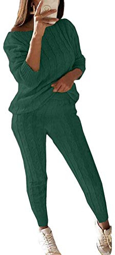 2PC Femmes Solides Tricoté Chaud Sportif Survêtement Sweat-Shirt + Pantalon Ensemble Tricot Chandail Sportswear pour Yoga Gymnastique Jogging Manches Longues