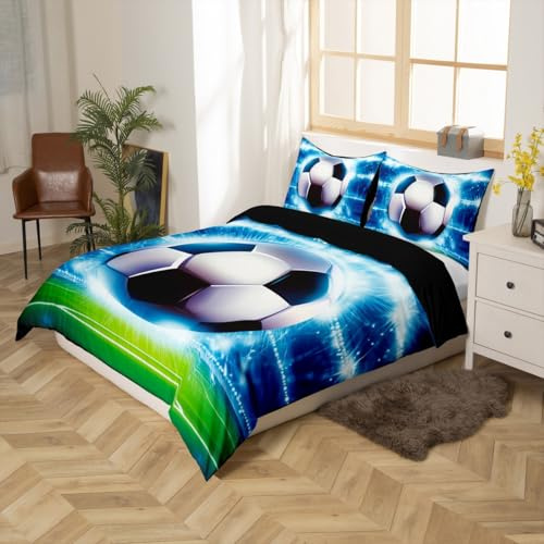 Feelyou Boys Football Bedding Set Sports Theme Duvet Cover for Kids Children Teens 3D Soccer Ball Pattern Comforter Cover Competitive Games Bedspread Cover Bedroom Decor Quilt Cover 3Pcs Queen Size