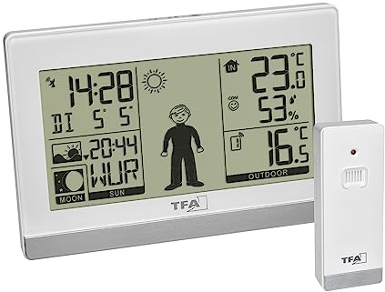 TFA Dostmann Weather Boy 35.1159.02 Estación meteorológica digital con sensor exterior, temperatura interior y exterior, fase lunar, color blanco
