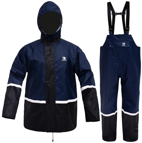 Rain Suits for Men Waterproof High Visibility Rain Gear Lightweight Rain Jacket with Bib Overalls Fishing Farming Golf(Navy,L)
