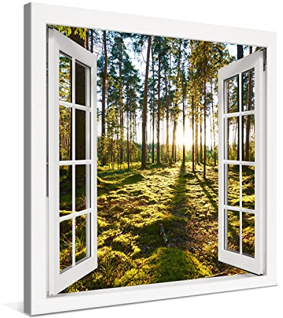 PICANOVA – Leinwandbild Sonnenaufgang im Kiefernwald Fenster 80x80cm – Premium Leinwanddruck – Wandbild Kunstdruck Auf 2cm Holz-Keilrahmen Für Schlaf- Und Wohnzimmer Wanddekoration – Kollektion Wald