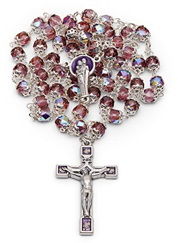 Radband pärlor katolik för kvinnor och män välsignade under påven Angelus, i täckta fasetterade kristallpärlor med emaljerad helig familj mittpunkt - perfekta katolska gåvor, Metall, Kristall