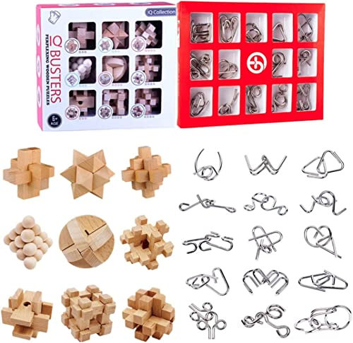 FANGZI 24 Stück Knobelspiele für Erwachsene Kinder, 3D Metall und Holz Puzzle Geduldspiele Brainteaser Rätsel Set Adventskalender Spielzeug, Rot