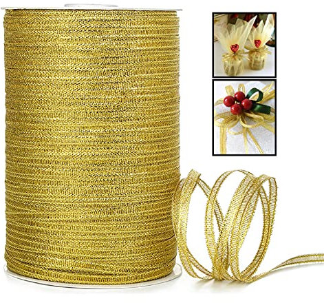 ZYOOO 3mm X 800m Organza Satinband Glitzer Gold Dekoband - Schleifenband Geschenkband Blumenklebeband zum Basteln
