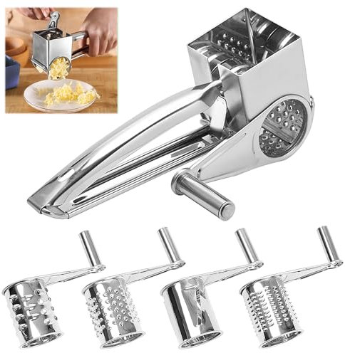 5 Stücke Parmesanreibe mit Kurbel Manuell, Gemüsehobel Edelstahl, Käsereibe für die Küche, Küchen Trommelreibe für Käse, Gemüse, Knoblauch und Mehr | Shred and Slice (Edelstahl)