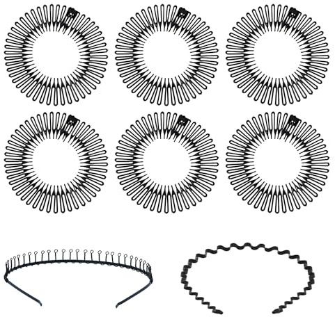 6-pack elastiska kamhårband för kvinnor med 2 stycken pannband, sicksackhårband, runda elastiska hårkammar av harts, hårkam-pannband (svart)