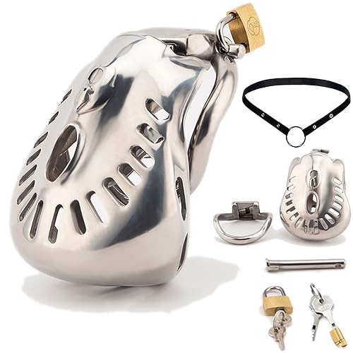 ScreaAss 3D Metall Peniskäfig Herren Hoden Bondage Käfig Klein Atmungsaktiver Keuschheitsgürtel Mit Gürtel Und 2 Abnehmbaren Schloss Edelstahl Keuschheitskäfig Cock Cage Männer Sex Toys,Silver/l,50mm