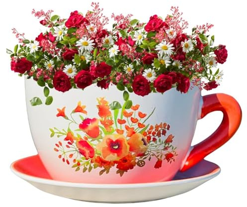 hadaaya 7.5 Round Ceramic Teacup Shape Planter Pot with Saucer for Succulents Orchids Herbs Cactus Indoor Houseplants Flowers for Mother's Day - Orange Poppy Floral