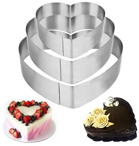 Jognee 3 anelli per torte da 10/15/20 cm, in acciaio inox, per torte e dolci, a forma di cuore
