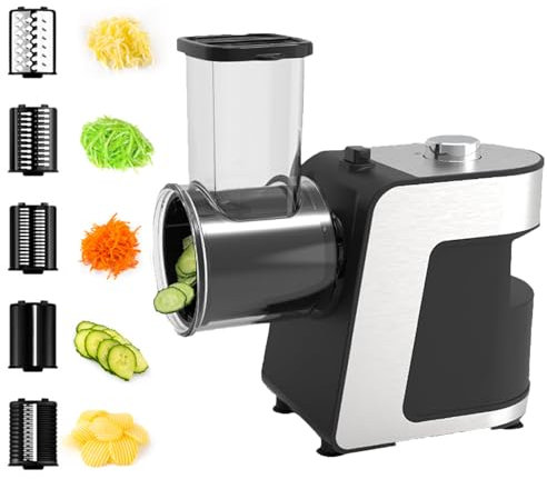 WUDLi Grattugia da Cucina Elettrica da 500 W, Taglia Verdure Elettrico con 5 Fette in Acciaio Inossidabile, Chopper Multifunzione Taglia Facilmente Verdure, Formaggio, Carote, Cioccolato