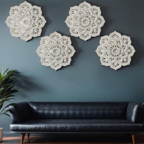 MARRAKESCH 4er Set Boho Deko Wanddeko Wanddeko aus Holz 40cm Gross Ornament Amila Weiss als Orientalische Wandbild Dekoration
