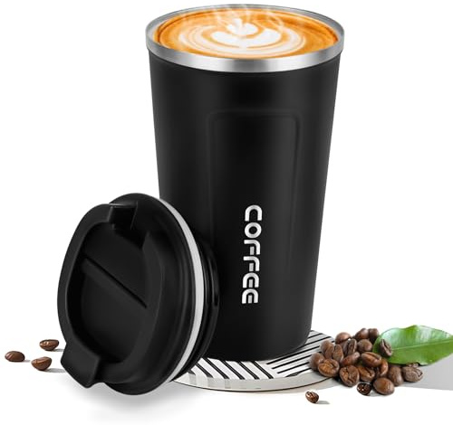 Goodatech taza de viaje de café térmico de acero inoxidable, sin BPA vacío aislado, botella de coche, vaso con tapa hermética, para café caliente/frío, té y cerveza (Negro,13oz)