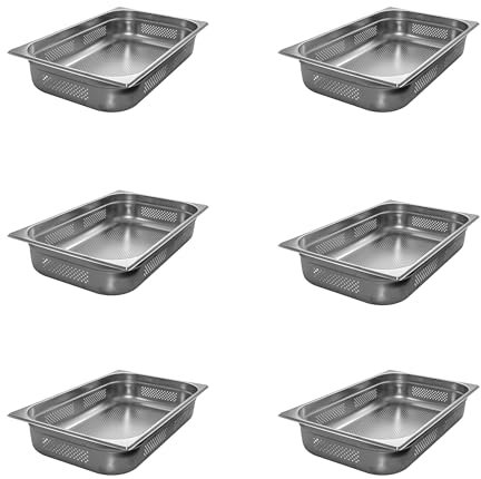 AcMax 6 Stück GN 1/1 Gastronormbehälter GN-Behälter Edelstahl 16 Liter Tiefe 100mm GELOCHT