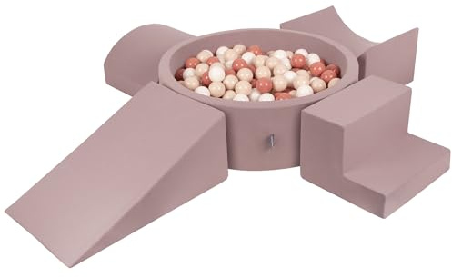 KiddyMoon Spielplatz Aus Schaumstoff Mit Rund Bällebad (300 Bälle) Ballgruben Für Babys Spielbad Hindernisläufen, Erikafarben:Pastellbeige/Lachsfarben/Weiß