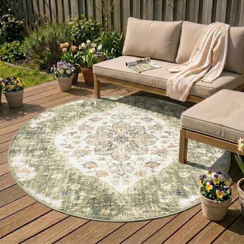 Vintage Gartenteppich Rund - Santo Medaillon Grün - Ø 160 cm