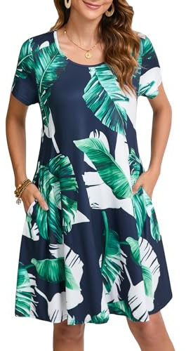 Enmain Vestido Estilo Camiseta para Mujer de Verano de Manga Corta con Bolsillos túnica Vestido Casuales Bohemios hasta la Rodilla para Mujer, Hoja Verde-Azul Marino, 2XL