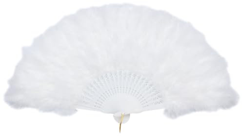 JIHUOO Feather Handheld Folding Fan 1920s Vintage Folding Fan Cosplay Costume Hand Fan Foldable Tea Party Handheld Fan Large Dancing Show Fan Wedding Decoration Hand Fan White