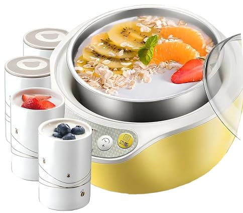 Yogurtera Automática, Yogurtera Eléctrica de 20 W con Pantalla LED y Temporizador, Revestimiento de Acero Inoxidable y 4 Tazas, Temperatura Ajustable, Fermentador Digital Automático para Yogur, Queso