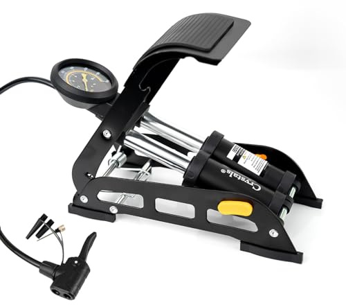 Crystals Bike Foot Pump with Pressure Gauge - Portable Bicycle Tyre Pump Presta Valve - Double Barrel Cycle Air Pump for All Bikes - Car Foot Pump with Schrader, Presta & Dunlop Valves