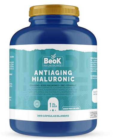 BEOK – Antiaging Hyaluronic 365 Cápsulas – Colágeno Hidrolizado + Ácido Hialurónico + Vitamina C + Zinc – Suplemento para Piel, Articulaciones y Huesos – Dósis para 1 año