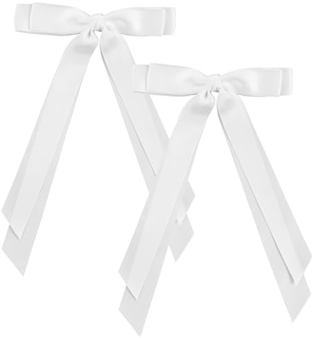 2 PCS White Hair Bow with Long Tail, Satin White Bow, Bowknot Hair Ribbon with Silk Satin, Tassel Ribbon Bowknot Hair Clips Accessories for Women and Girls