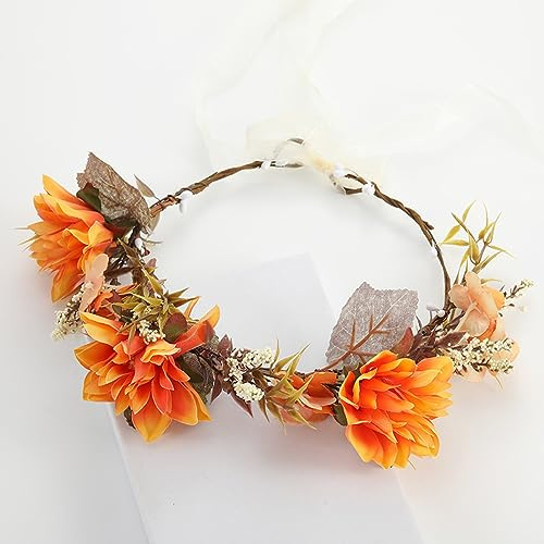 Anevous Boho Blumen Stirnband, Blumenkrone Haarkranz, Haarschmuck Blumen Stirnbänder, Blumenkopf Haarbänder Accessoires, Kopfbedeckung für Hochzeit Geburtstag Party,Orange