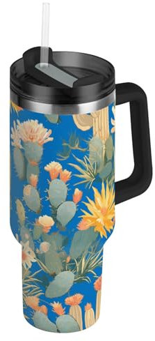 linqin Vakuumisolierter Becher mit Strohhalm, auslaufsicher, 1,2 l, Edelstahl, wiederverwendbar, Reise-Teetasse für Wasser, Eistee oder Kaffee, Grüner Kaktus