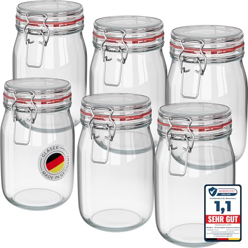WELLGRO 6x Einmachgläser mit Bügelverschluss rund 1140ml, Fermentierglas, Vorratsgläser mit Deckel - Gläser mit Deckel Made in Germany