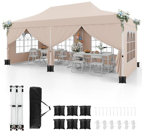 GOPLUS Tonnelle Pliante 3x6m Imperméable, Barnum Pliante de Jardin Extérieur, Pavillon Pop-Up avec Sac de Transport, Sac Lesté, pour Fête, Mariage, Beige, 6 Bâches
