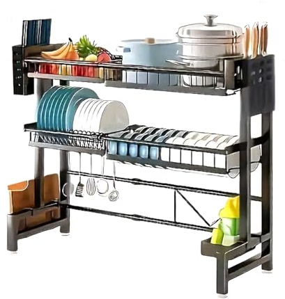 SUJOSAJU Dish Drying Rack Over the Sink, Adjustable Length Extendable Dish Rack, Space - Saving Kitchen Counter Shelves with Sponge, Utensil Holders, and Cutting Board Storage