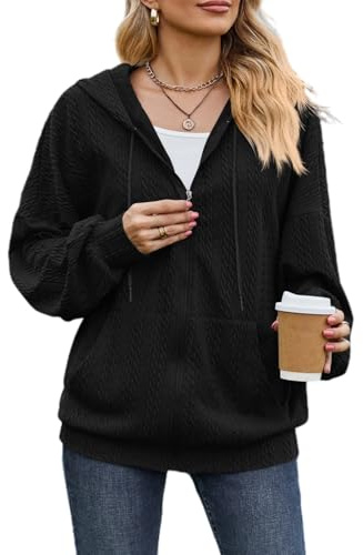 Damhuvtröja, sweatjacka, långärmad texturerad huvjacka, huvtröja, sweatshirt med huva och dragkedja, svart, M