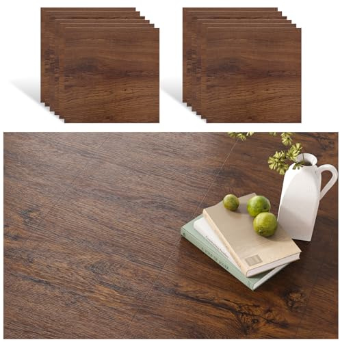 VEELIKE PVC Bodenbelag Holzoptik Vintage Selbstklebende Bodenfliesen Holzoptik Dunkelbraun 12 Stück Fliesenaufkleber Boden Vinyl Bodenbelag Garage Vinylboden Badezimmer Schlafzimmer 30 cm x 30 cm