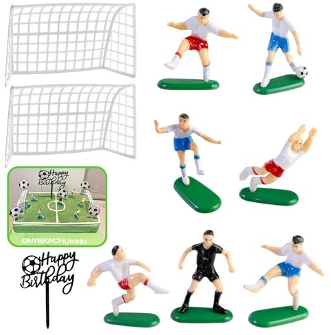10PCS Football Cake Decorations Football Cake Topper for Birthday Party | with 7 Footballers, 2 Nets and 1 Acrylic Black Happy Birthday Cake Topper, for Soccer Theme Parties, Soccer Fans