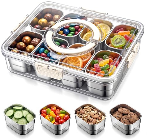 chufa Snack Box Container with 9 Removable Stainless Steel Compartments, Divided Serving Tray with Clear Lid & Carry Handle, Dishwasher Safe Food Storage Organizer for Snacks, Lunch, Parties