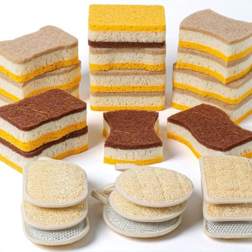 (24 Pack) 3-Layer Kitchen Sponges, 9 Natural Loofah Sponge, 15 Eco Sponge Scourers, Scouring Pads Non Scratch, Biodegradable Sponges Washing Up, Pan Scourers, Dish Scrubber, Cellulose Spong Kitchen