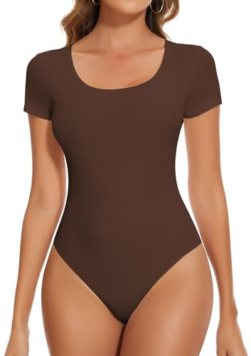 SHAPERIN Women Short Sleeve Bodysuit Thong Slim Fit Ribbed Tshirt Tops | Casual Crew Neck Body Suits Square Neck Summer Top V Neck Tee Shirt Soft Leotard