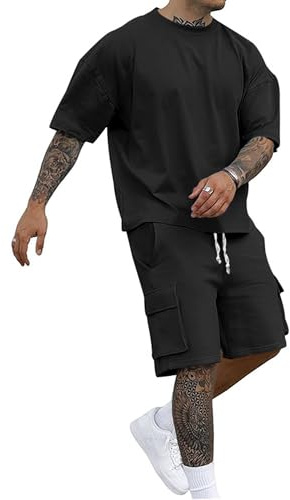 QUNERY Conjunto de Verano Hombre 2 Piezas Chándal Ropa de Calle de Verano Conjunto de Chandal Informal con Camiseta de Manga Corta y Pantalones Cortos Cargo Negro L